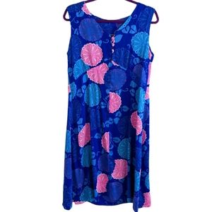 Vintage Summer Blue Pink Turquoise Floral Vacation Short Button Dress Size Large